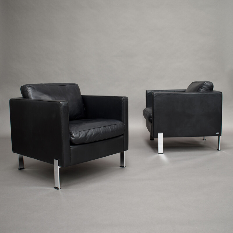 Pair of vintage black leather armchairs by De Sede, Switzerland 1970