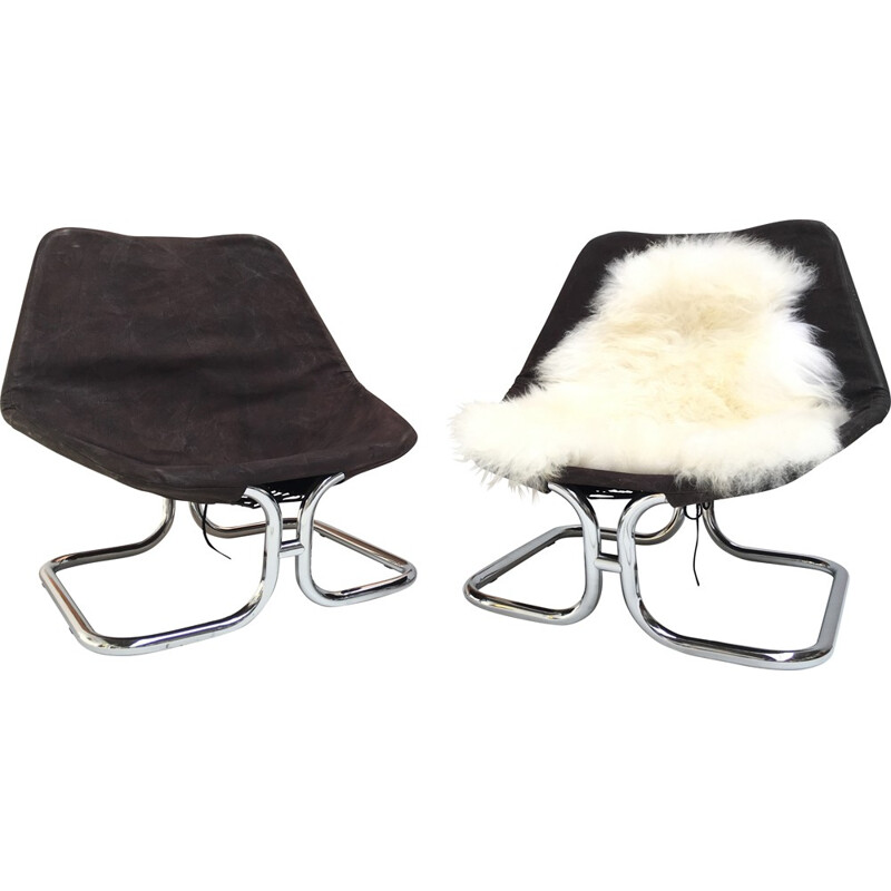 Paire de fauteuils scandinaves vintage en acier chromé et toile - 1970