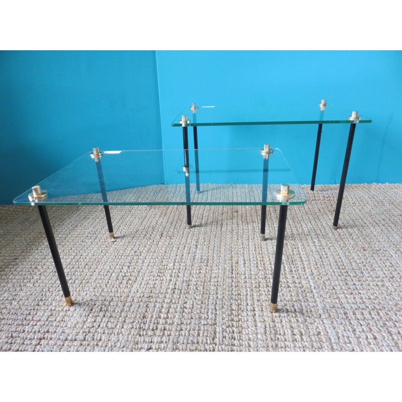 Set of 2 modernist vintage glass and metal tables, 1950s