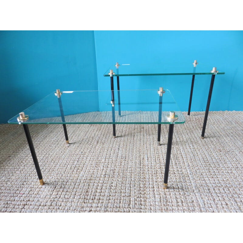 Conjunto de 2 mesas de vidro e metal modernistas vintage, 1950