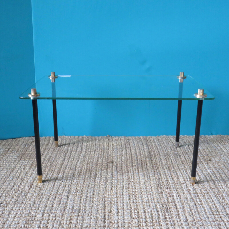 Set of 2 modernist vintage glass and metal tables, 1950s