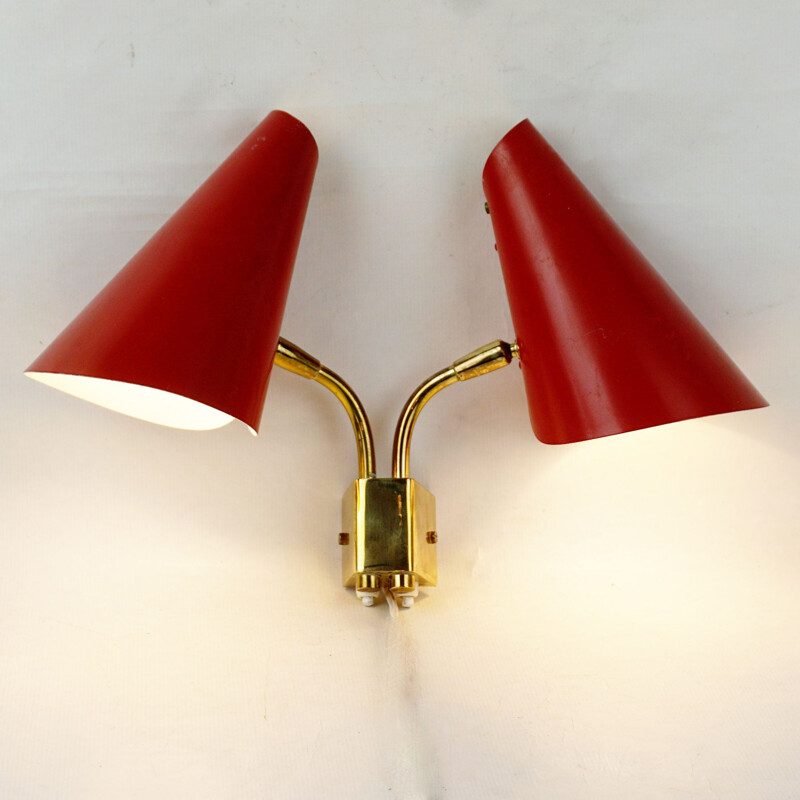 Set of 2 vintage red brass double arm wall lights, Austria,