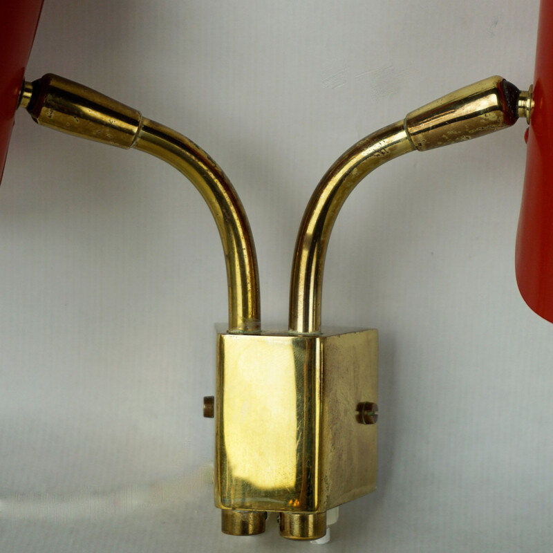 Set of 2 vintage red brass double arm wall lights, Austria,