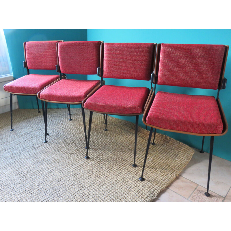 Conjunto de 4 cadeiras vermelhas vintage, França, 1965