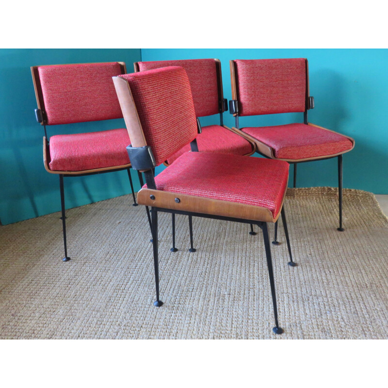 Juego de 4 sillas rojas vintage, Francia, 1965