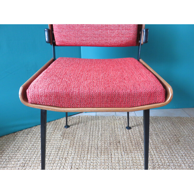 Juego de 4 sillas rojas vintage, Francia, 1965