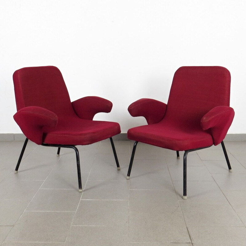 Set of 2 vintage red armchairs, Czechoslovakia