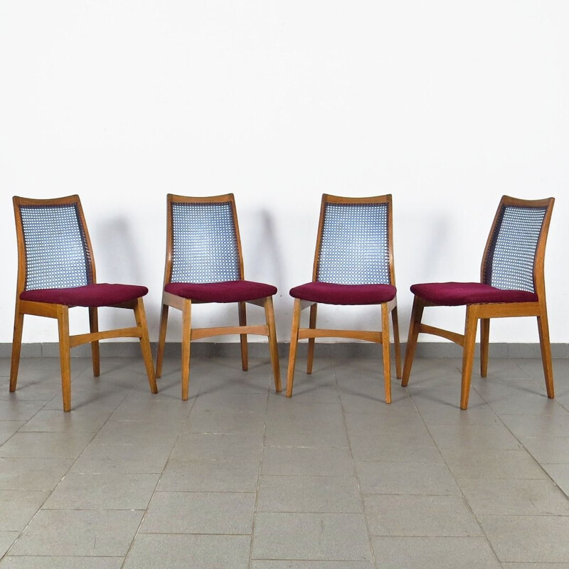 Set of 4 vintage pink and blue armchairs in wood, Czechoslovakia, 1960s