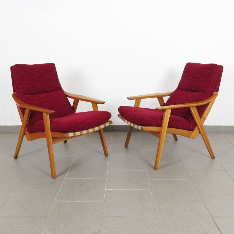 Ensemble de 2 fauteuils rouges vintage, Tchécoslovaquie, 1960