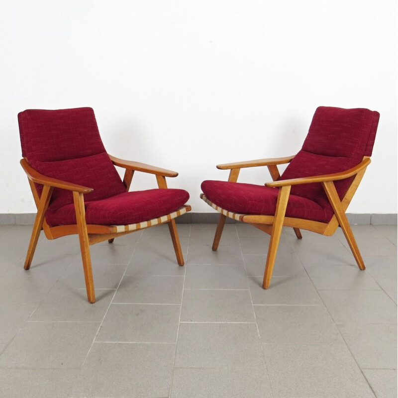 Set of 2 vintage red armchairs, Czechoslovakia, 1960