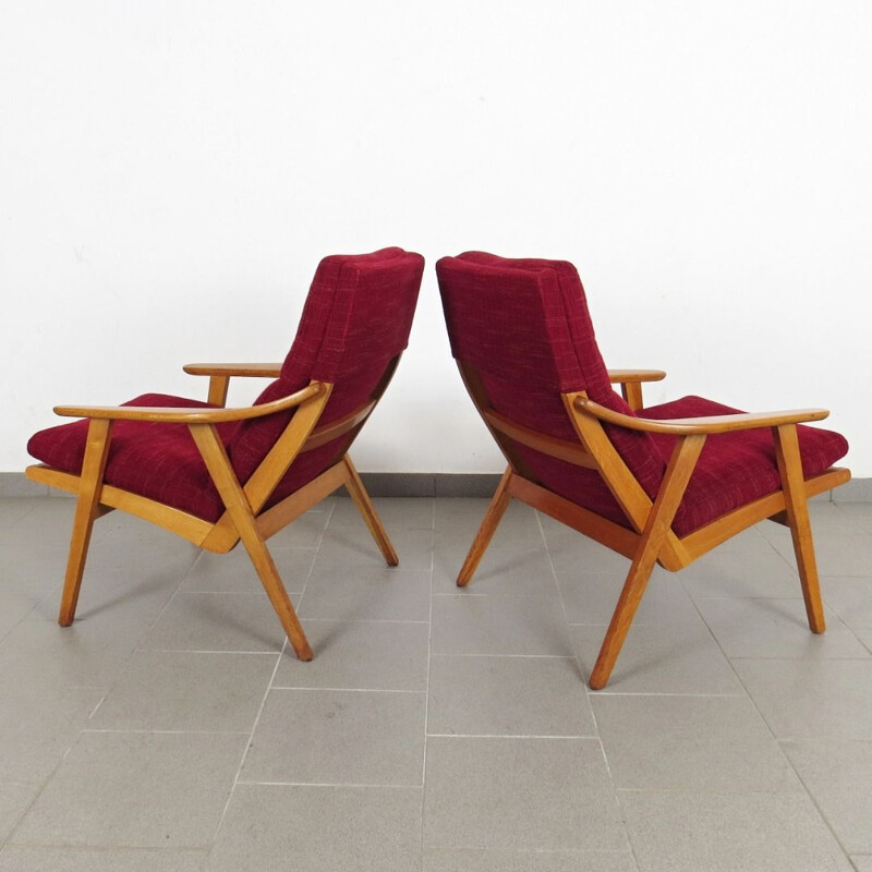 Set of 2 vintage red armchairs, Czechoslovakia, 1960