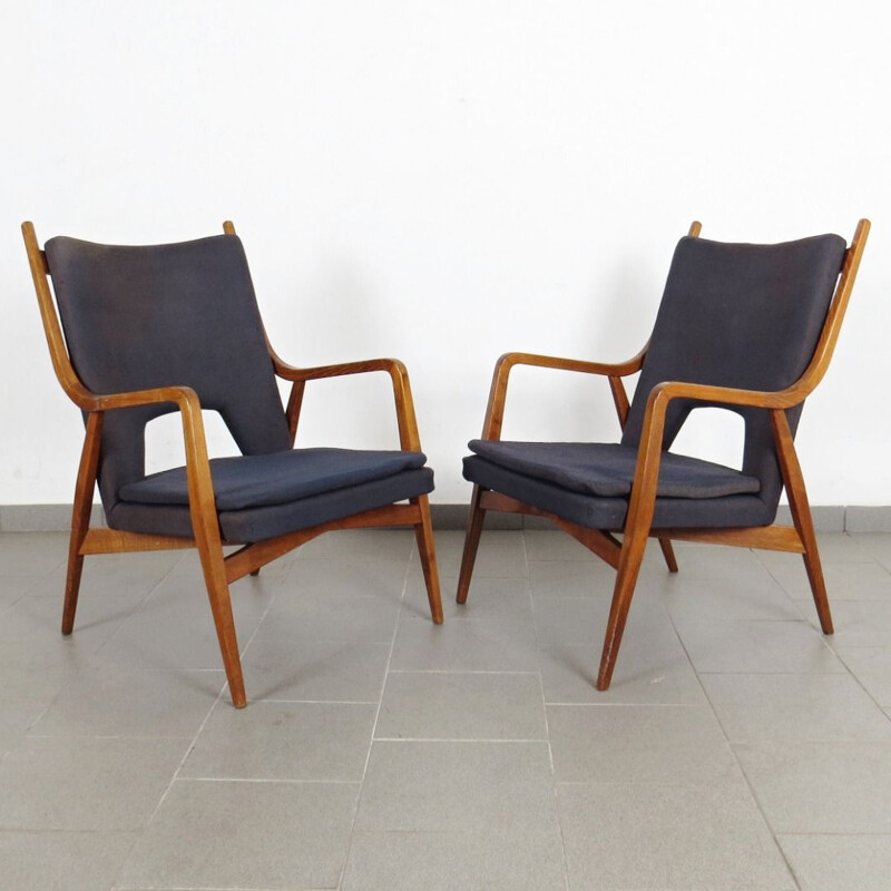 Ensemble de 2 fauteuils bleu marine-gris, Tchécoslovaquie, 1960