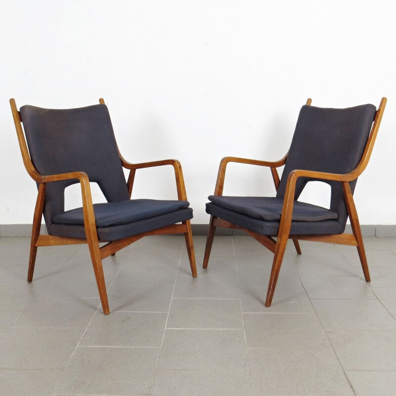 Set of 2 navy blue-grey armchairs, Czechoslovakia, 1960s
