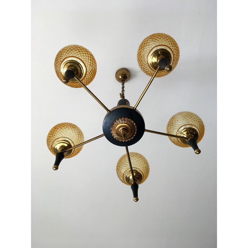 Vintage chandelier in brass, metal and steel, 1960s