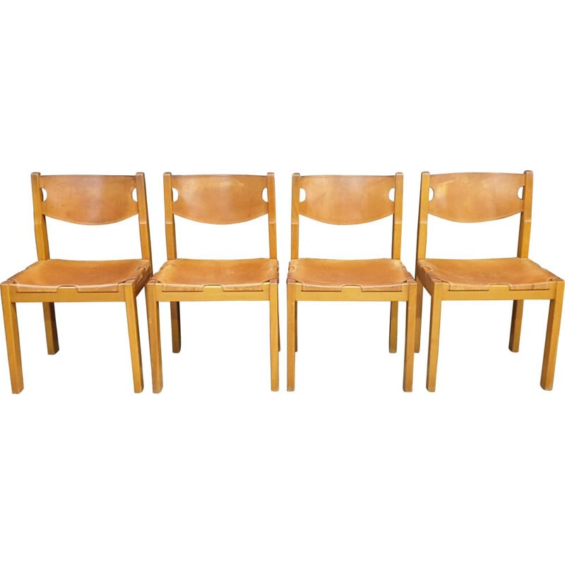 Set of 4 vintage chairs in elm and leather by Maison Regain, 1960s