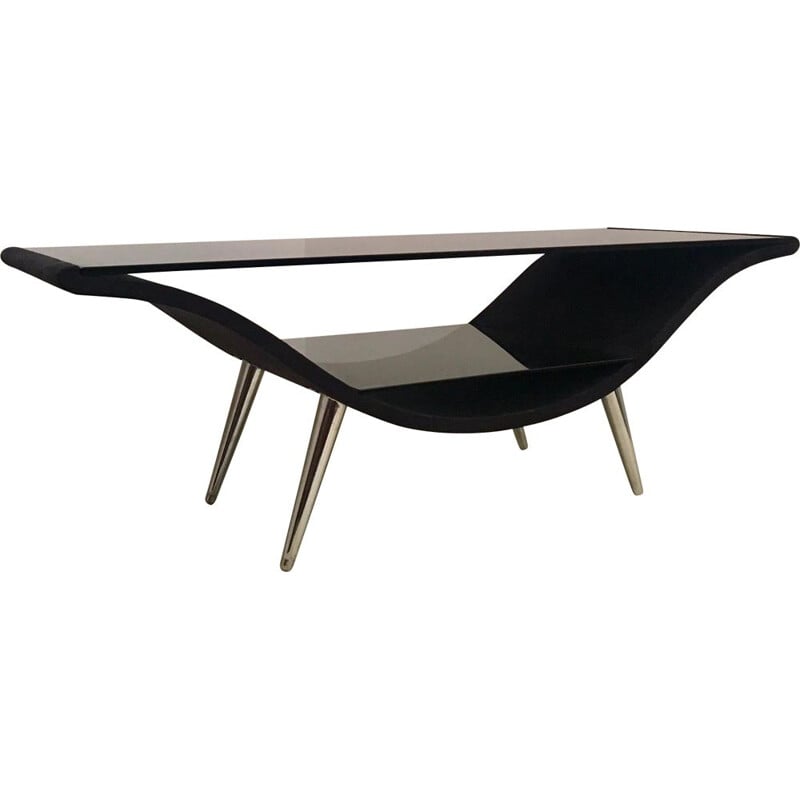 Vintage black felt and glass coffee table with 2 tops, 1980