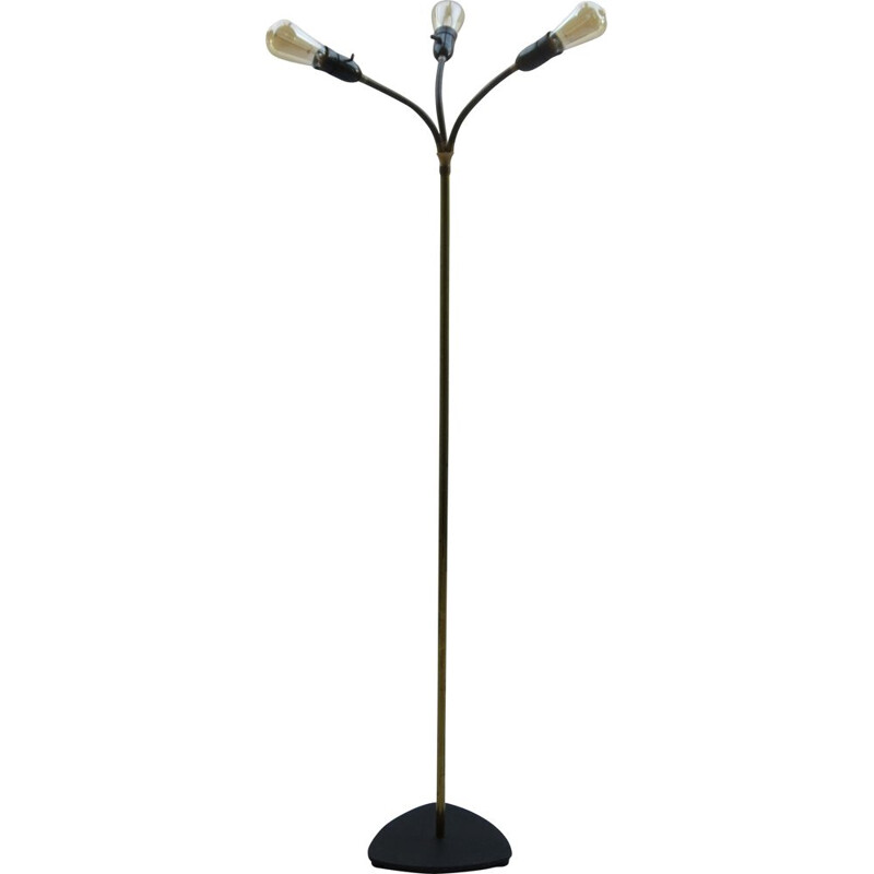 Vintage brass and metal 3 branch floor lamp, Denmark, 1950s