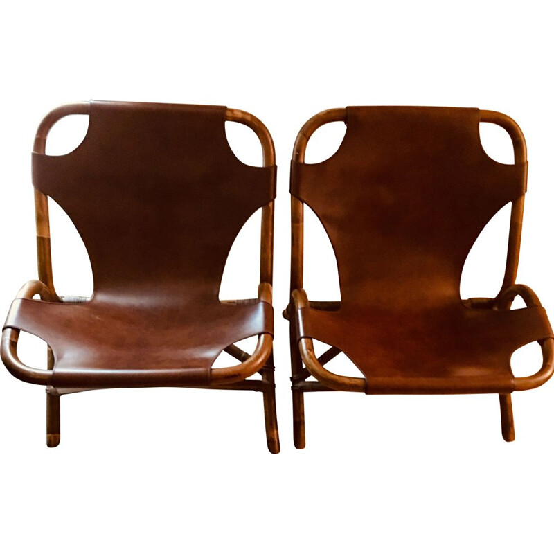 Set of 2 vintage leather and bamboo low chairs, 1960s