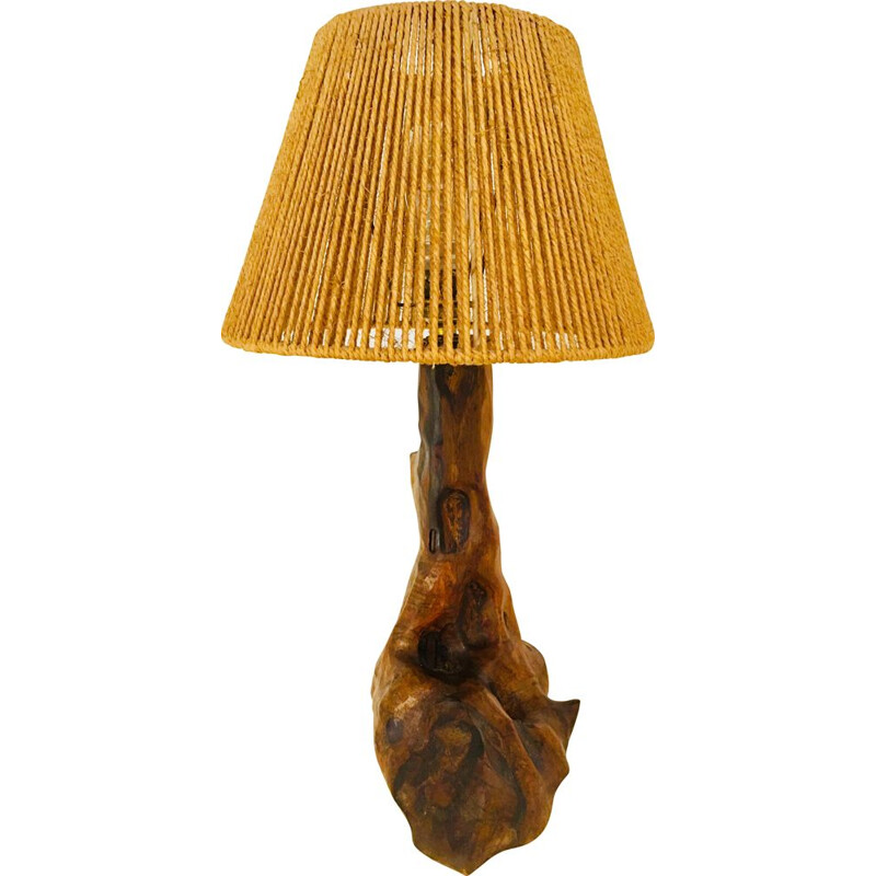 Vintage "Brutaliste" wooden and rope table lamp, 1960s