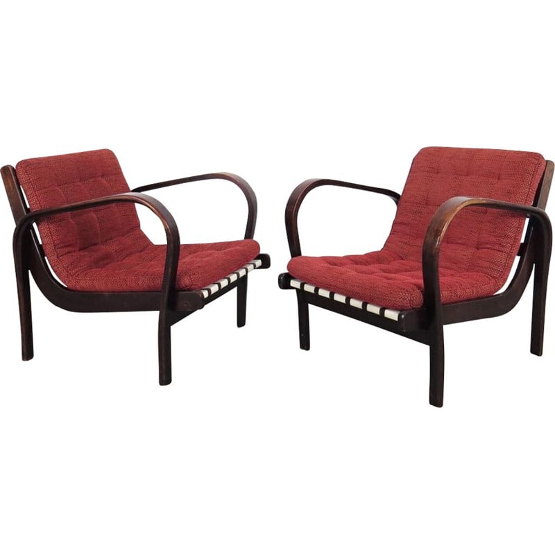 Pair of vintage red fabric armchairs 1930s