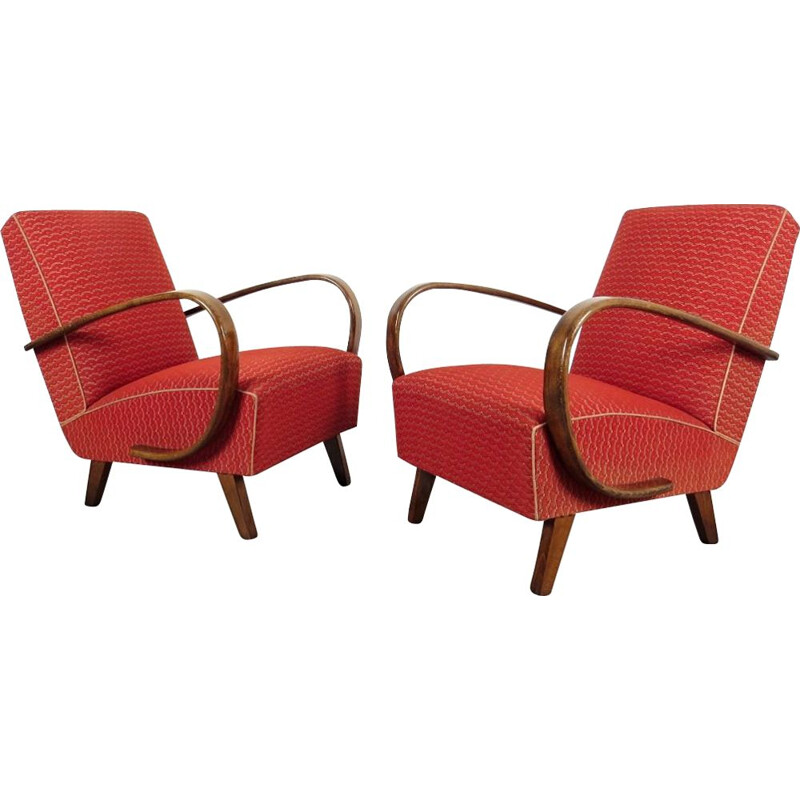 Pair of red vintage armchairs by Jindrich Halabala 1940