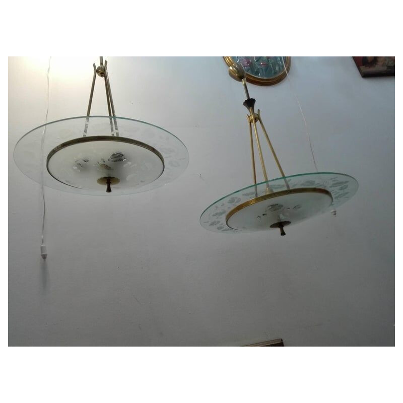 Set of 2 vintage couple brass and glass chandeliers, by Fontana Arte, and Pietro Chiesa