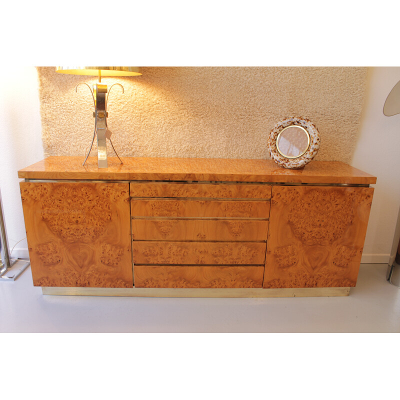 Vintage sideboard in brass and wood, Jean-Claude MAHEY - 1970s