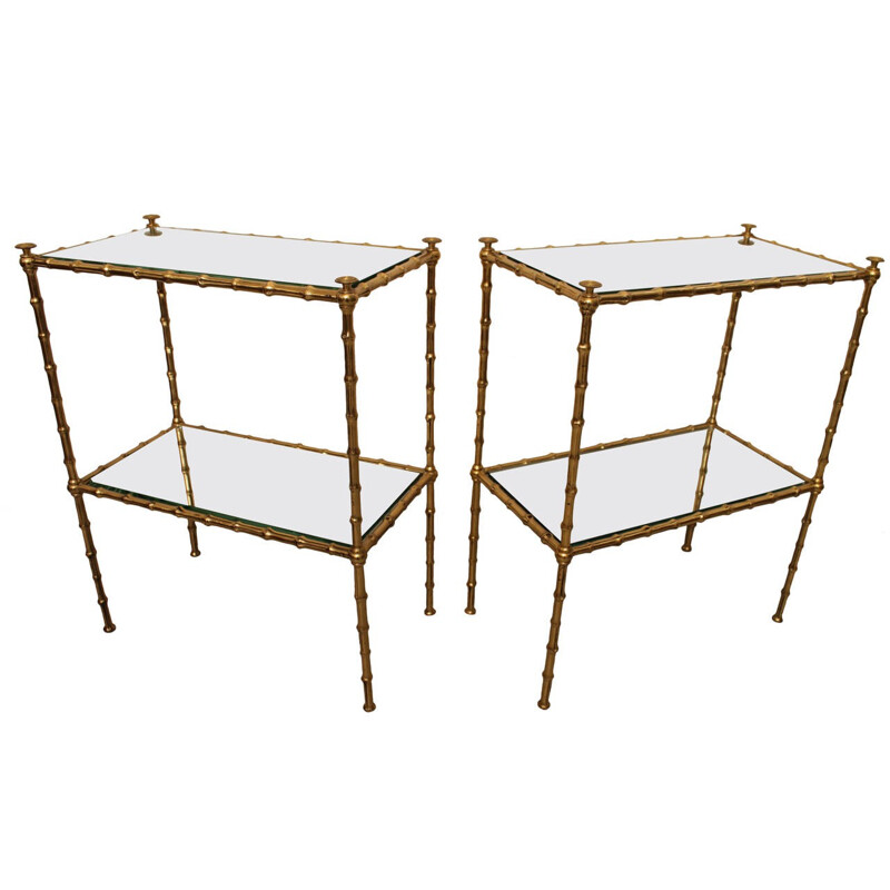 Pair of Maison Jansen bamboo table in brass and glass - 1960s