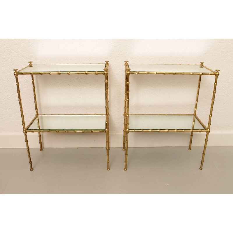 Pair of Maison Jansen bamboo table in brass and glass - 1960s