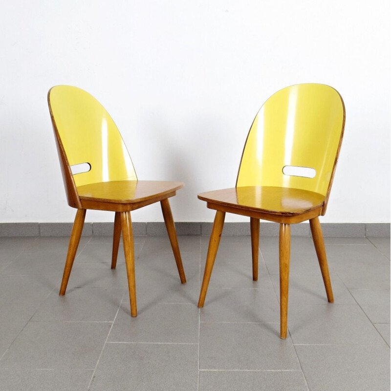 Set of 2 dining chairs in yellow fabric 1960