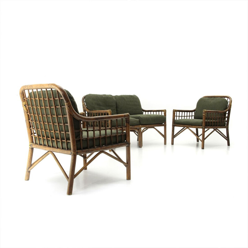 2 italian armchairs and sofa in woven rattan and green fabric, 1970s