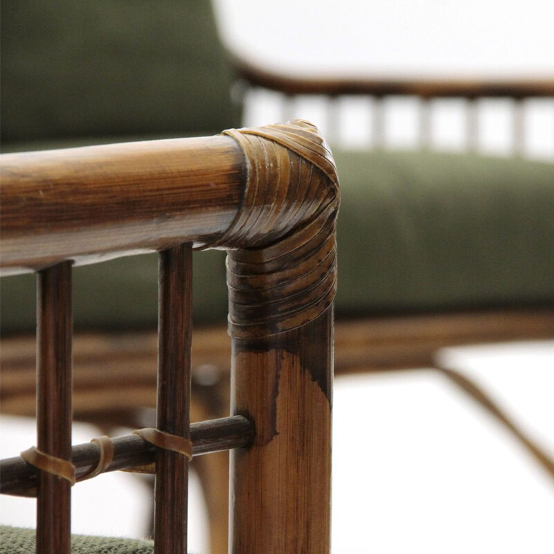 2 italian armchairs and sofa in woven rattan and green fabric, 1970s