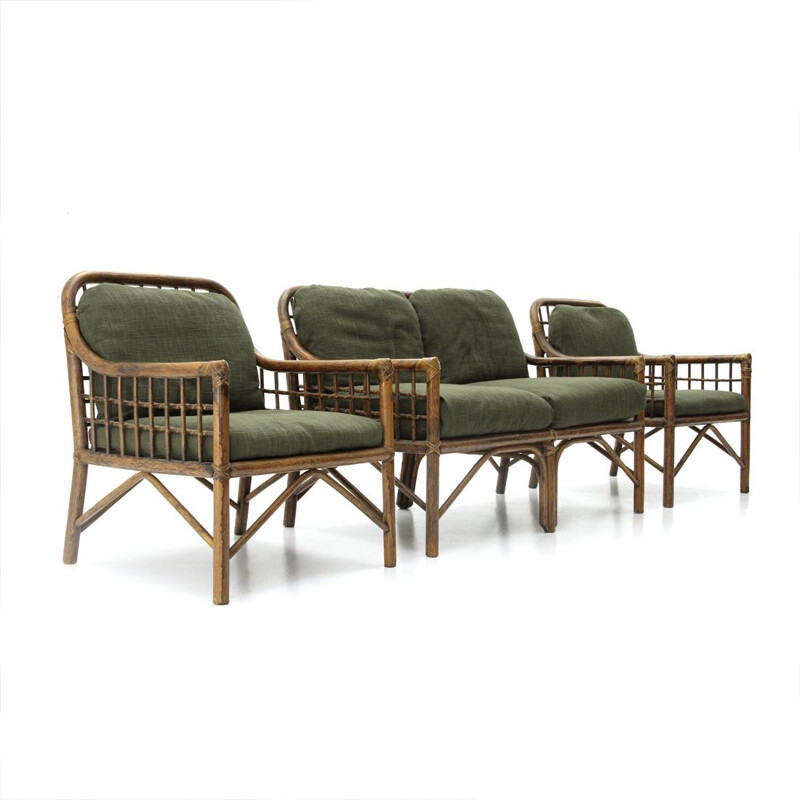 2 italian armchairs and sofa in woven rattan and green fabric, 1970s