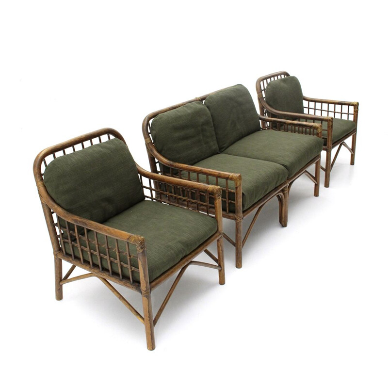 2 italian armchairs and sofa in woven rattan and green fabric, 1970s