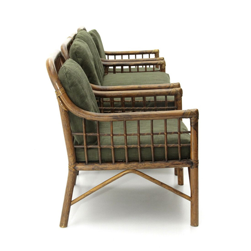 2 italian armchairs and sofa in woven rattan and green fabric, 1970s