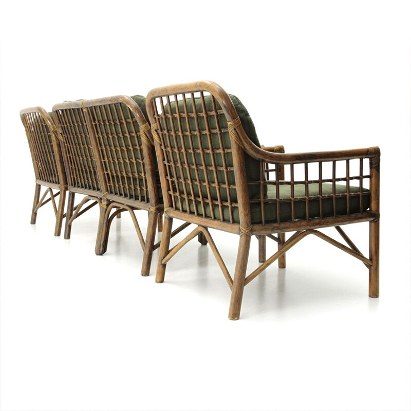 2 italian armchairs and sofa in woven rattan and green fabric, 1970s