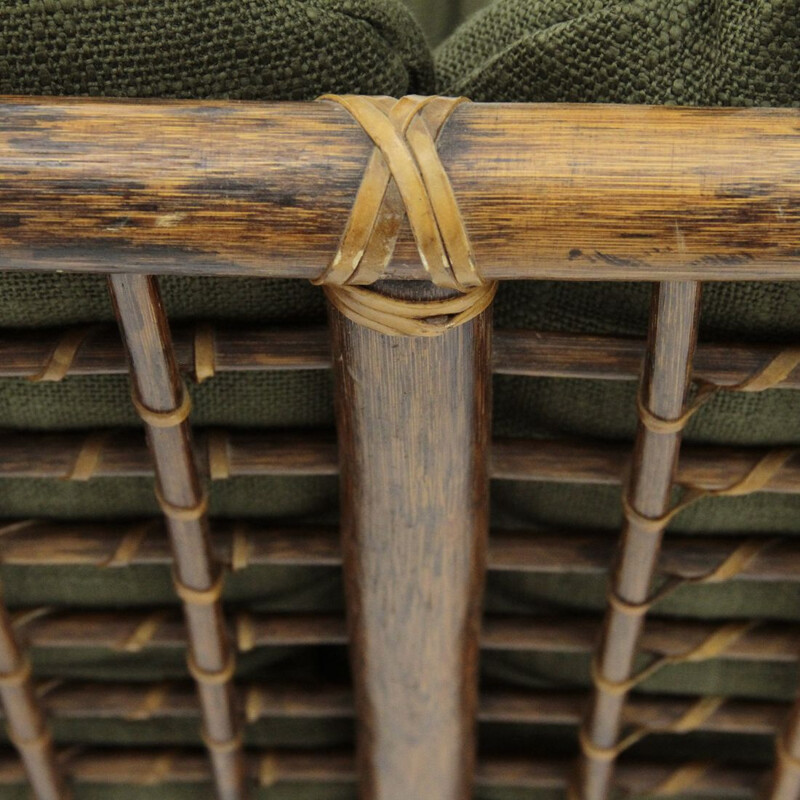 2 italian armchairs and sofa in woven rattan and green fabric, 1970s