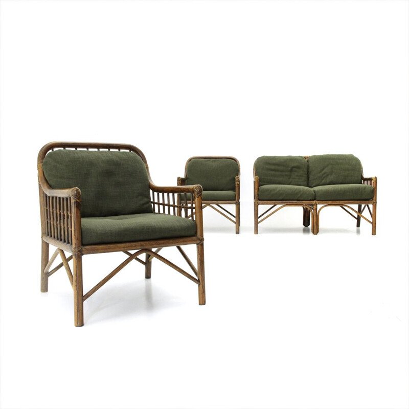 2 italian armchairs and sofa in woven rattan and green fabric, 1970s