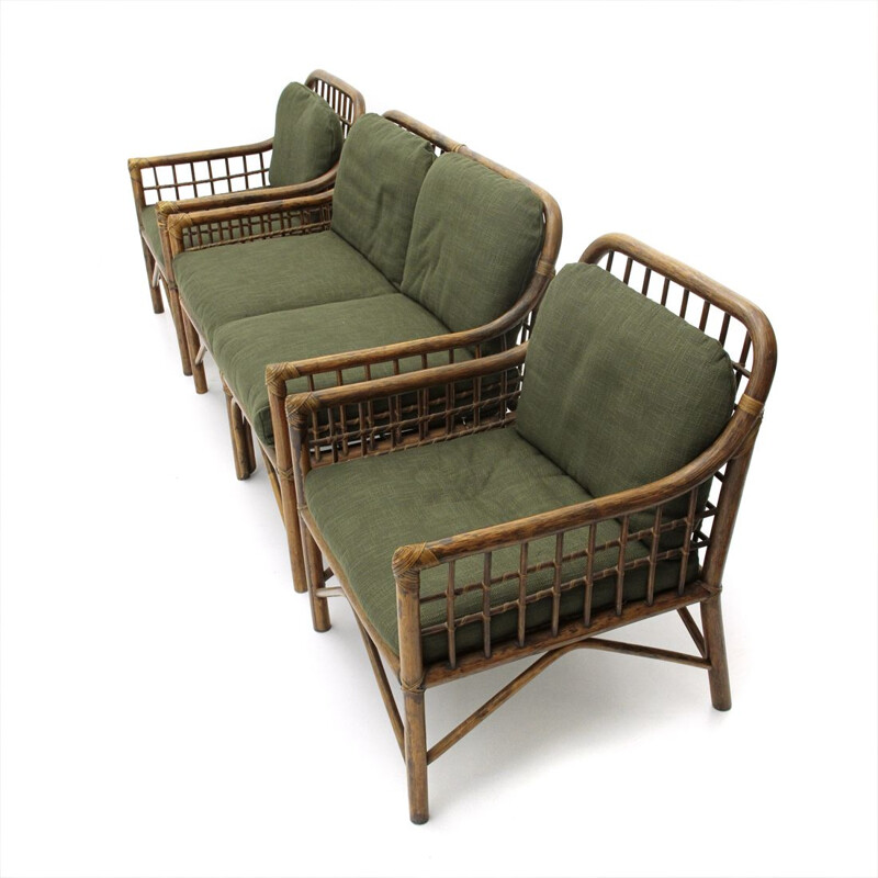 2 italian armchairs and sofa in woven rattan and green fabric, 1970s