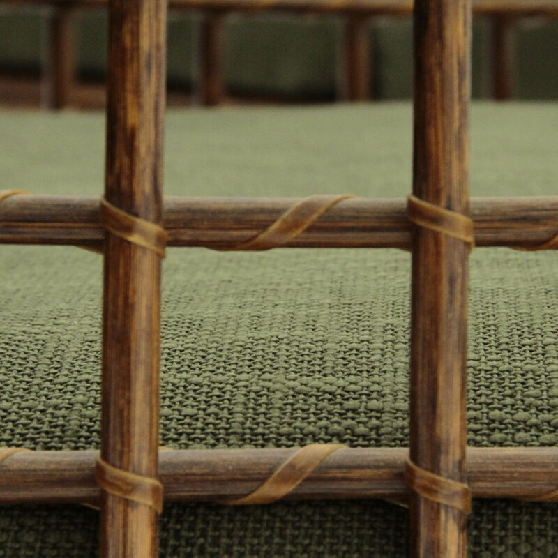 2 italian armchairs and sofa in woven rattan and green fabric, 1970s
