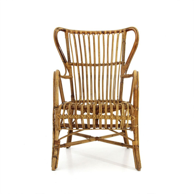 Vintage rattan italian wingback armchair, 1950