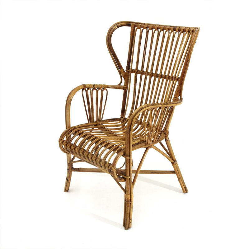 Vintage rattan italian wingback armchair, 1950