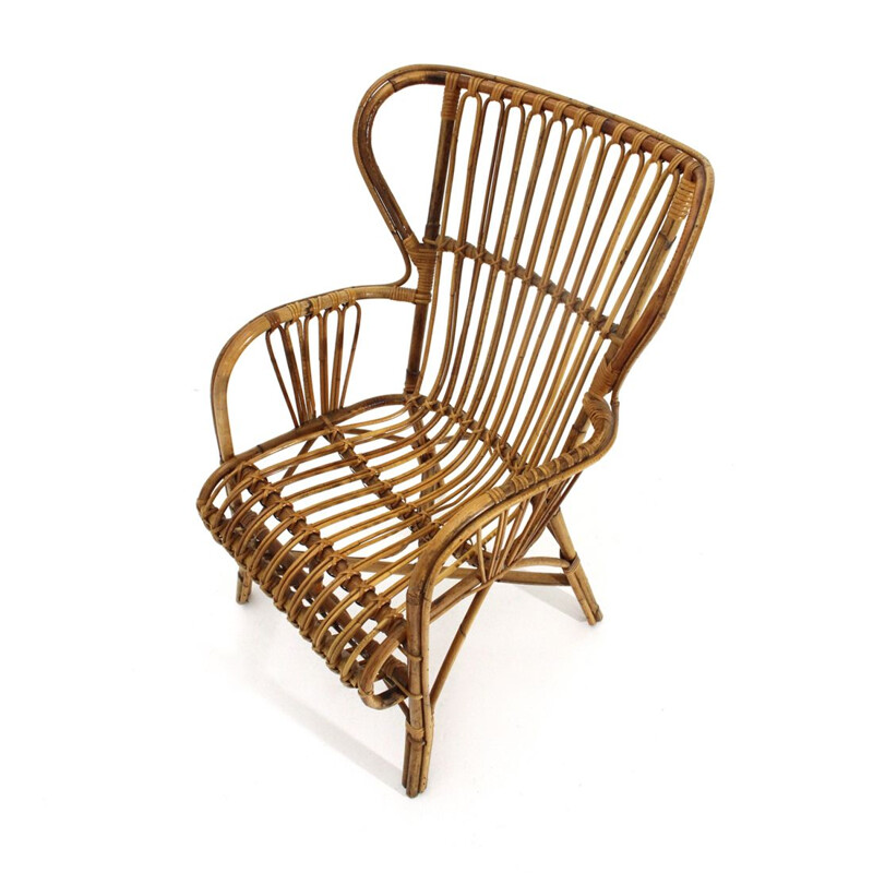 Vintage rattan italian wingback armchair, 1950