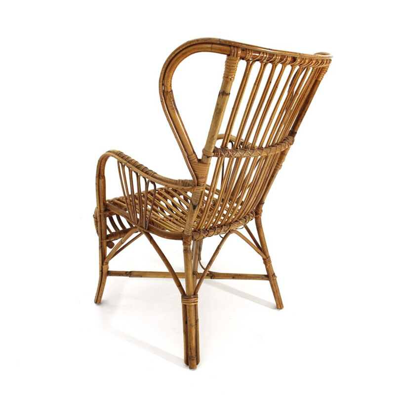 Vintage rattan italian wingback armchair, 1950