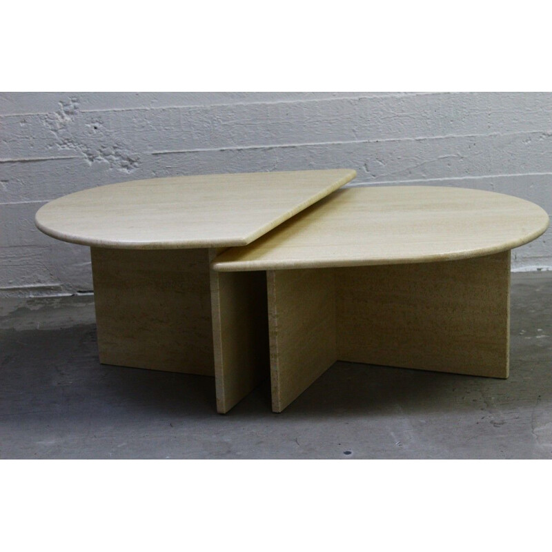 Pair of vintage modular coffee tables in travertine