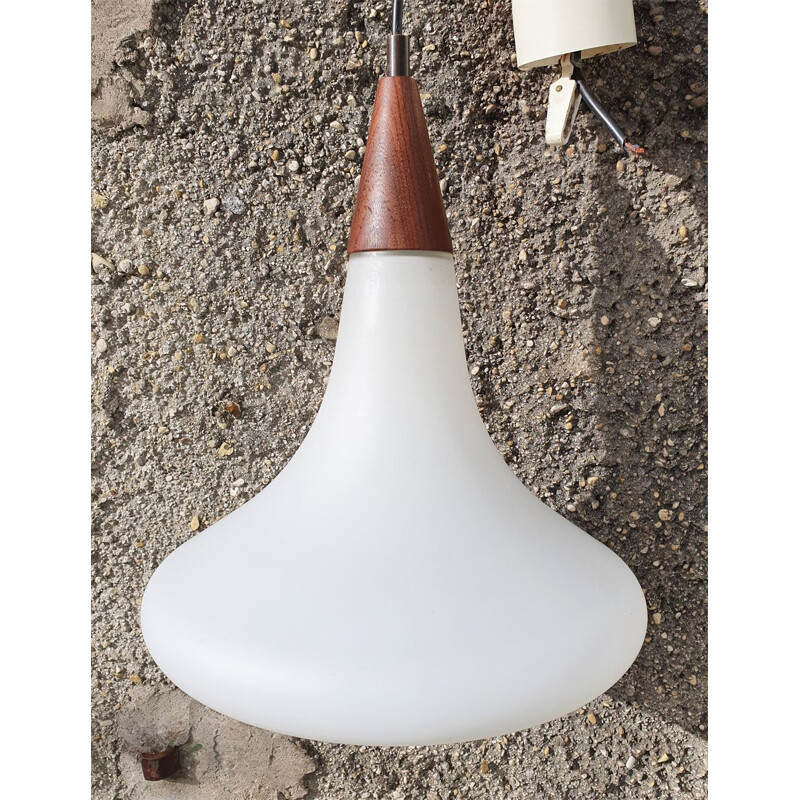 Vintage opaline teak pendant light by DLG Philips, Denmark, 1960s