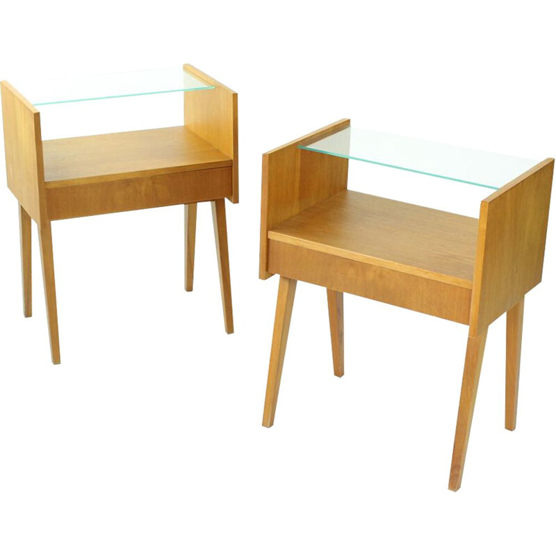 Set of 2 vintage bedside tables in wood and glass by Nabytok Bratislava, Czechoslovakia 1960s