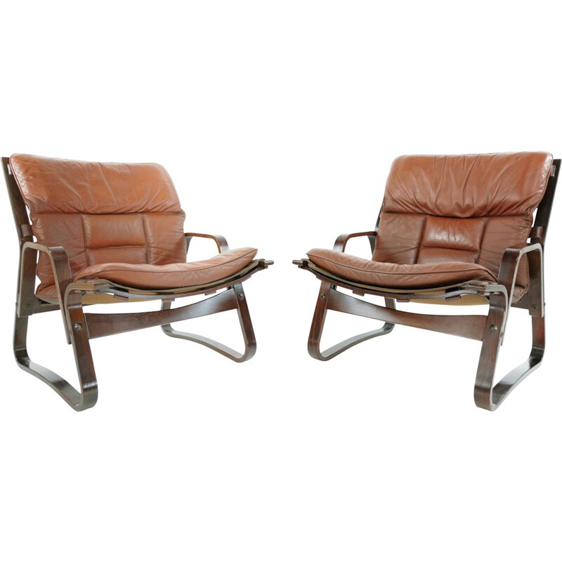 Pair of rosewood & leather vintage armchairs, 1970s