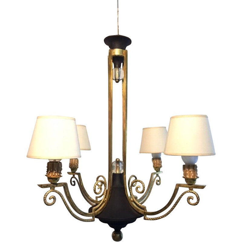 Vintage chandelier Tole in glass and gilded brass, 1950