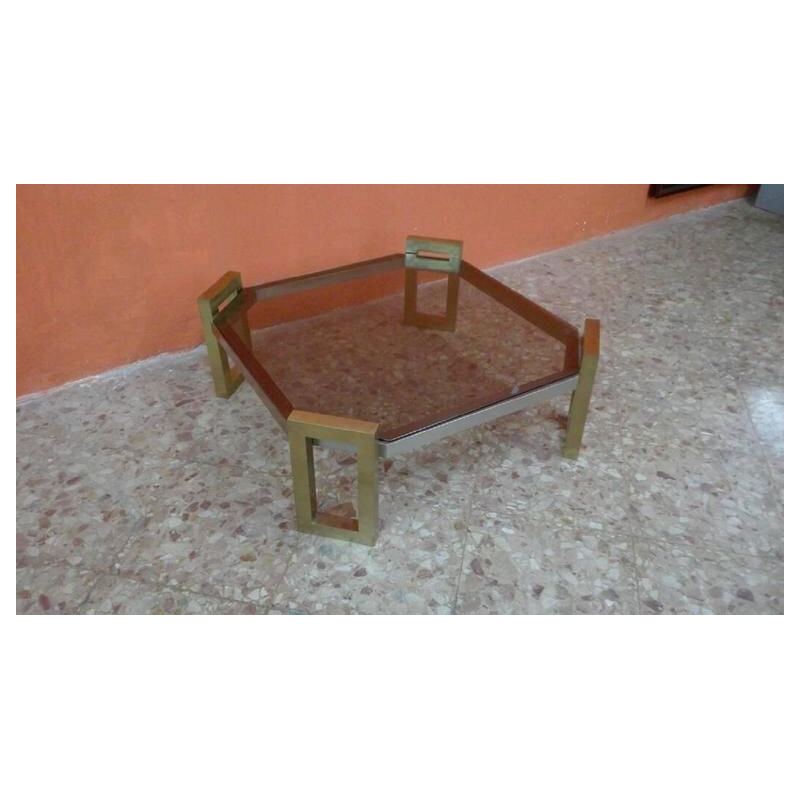 Vintage coffee table with brass base and smoked glass top by Romeo Rega, 1970